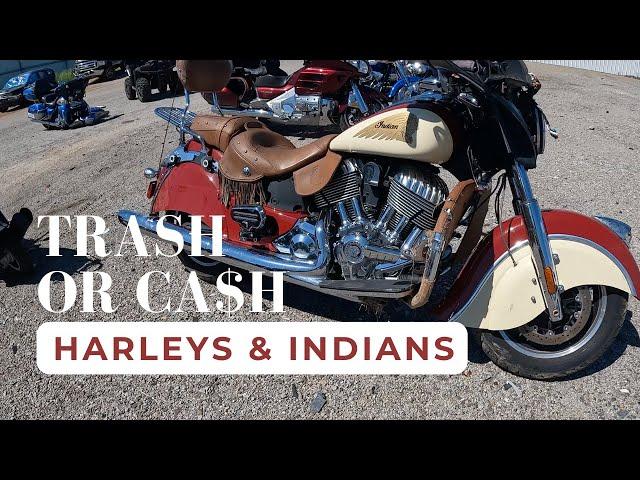 Trash or Cash? Salvaged HARLEY & Indian motorcycles in Copart Walk Around.