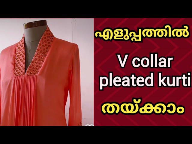 V collar pleated kurti cutting and stitching