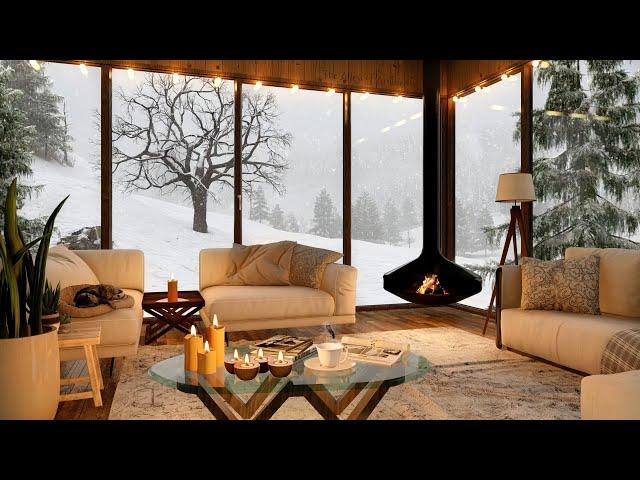 Cozy Cabin in Winter Ambience with Fireplace, Snowstorm & Wind Sounds for Sleep and Relaxation