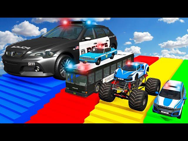 Big & Small Police Cars with Slide Color and Deep Water - Police Bus Rescue Cars - BeamNG.drive