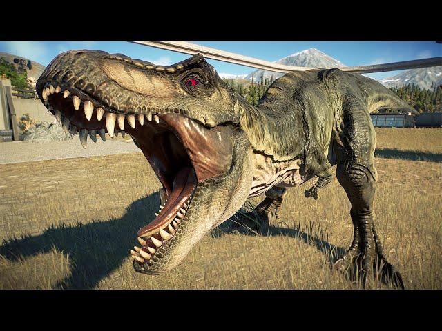 TYRANNOSAURUS REX vs EVERY CARNIVORE AND HERBIVORE DINOSAURS BATTLE - Jurassic World Evolution 2