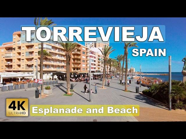 Torrevieja  - Esplanade and Beach, Autumn, Spain | Costa Blanca - Walking tour [4k 60 fps]