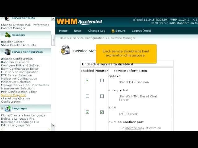 How to set which services are enabled and monitored by WHM