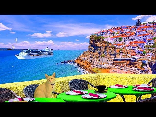 Portugal Seaside Outdoor Café Ambience – Jazz Piano Music - Portugal Coastal Village - Cruise Ship