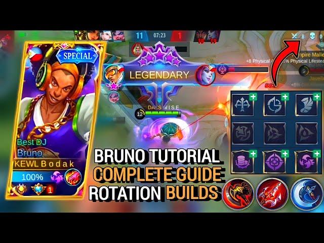 BRUNO TUTORIAL, COMPLETE GUIDE, ROTATION AND BUILDS | BRUNO BEST BUILD 2021 - MASTER BODAK MLBB