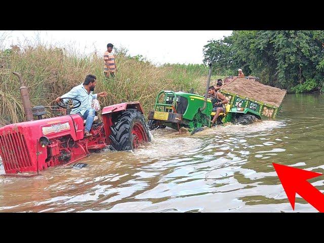 john deere tractor stuck in river with heavy loaded trolley rescued by mahindra tractor | tractor