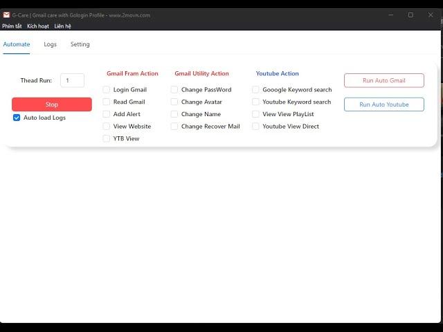Gcare - Công cụ nuôi Gmail và tương tác youtube