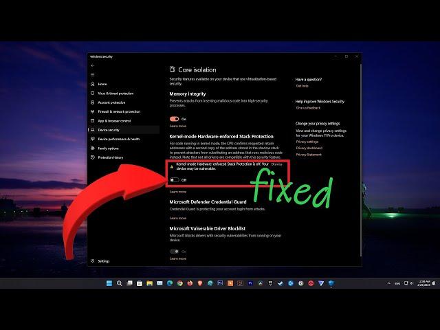Fixed Windows Security Kernel mode Hardware enforced Stack Protection is off | Can't turn it on