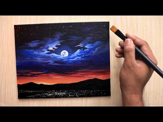 Acrylic painting of dramatic Moonlight night sky landscape step by step easy