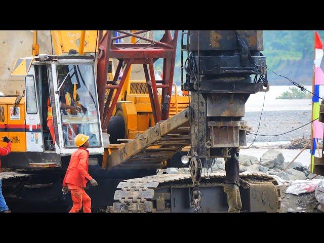 Amazing Super Crane Sany SCC600A-5, Drop Hummer, Excavator working together to drive long concrete