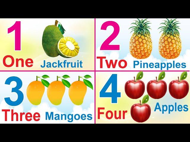 Learn English Numbers 1 to 20 with Spelling | Numbers Names 1 to 20 with Fruits and Animal Names