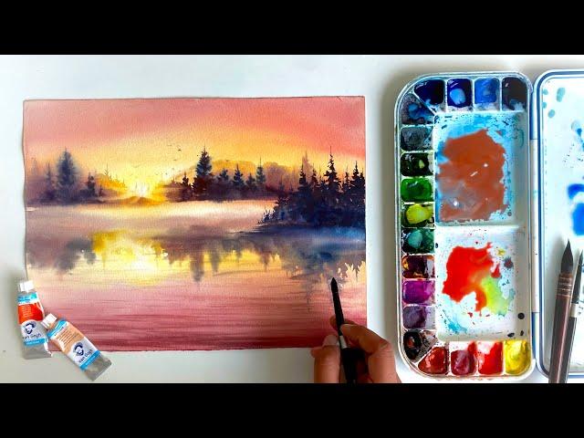 How to paint watercolor landscape | Sunny lake and reflections | Watercolor demo | Justartsbyraniya