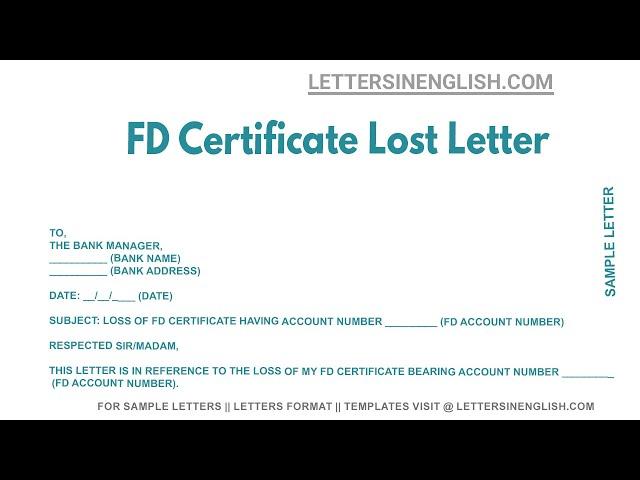 FD Certificate Lost Letter - Sample Letter to Bank for Loss of Fixed Deposit Receipt