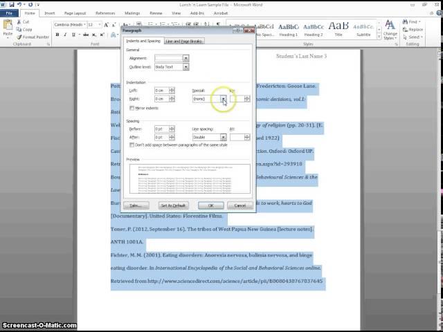 Indenting a Bibliography in Word 2010 (Windows)