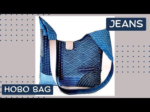 Hobo bag with imitation boro and sashiko on a sewing machine from old jeans