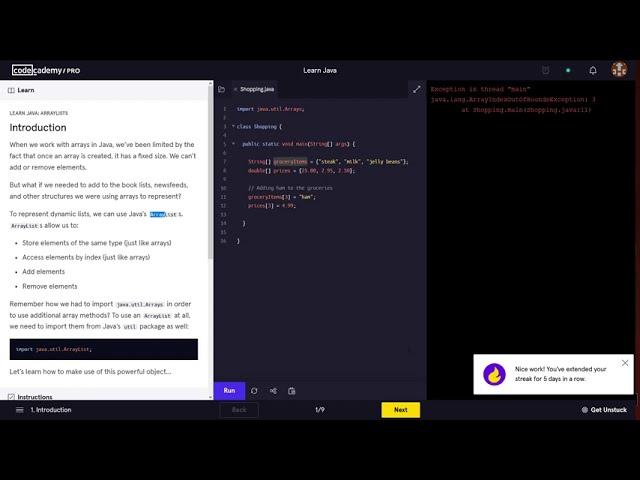 Learn Java - 5.2 Java ArrayLists  Codecademy Walkthrough