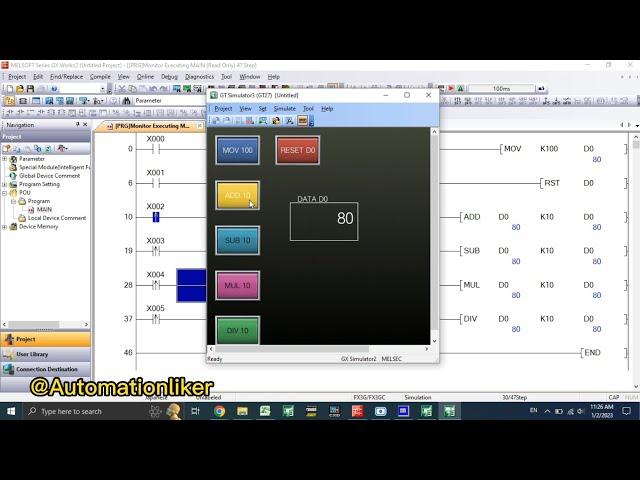 GX Works 2 : ADD,SUB,MUL,DIV instruction mitsubishi PLC FX series connected with HMI simulator