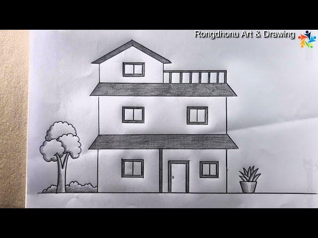 Beautiful Building House || Pencil Drawing || Very Easy || Cute