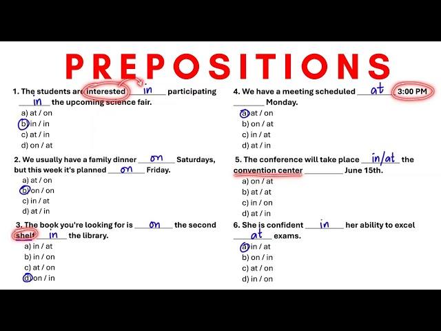 Prepositions (in, on, at) | 10-item practice questions