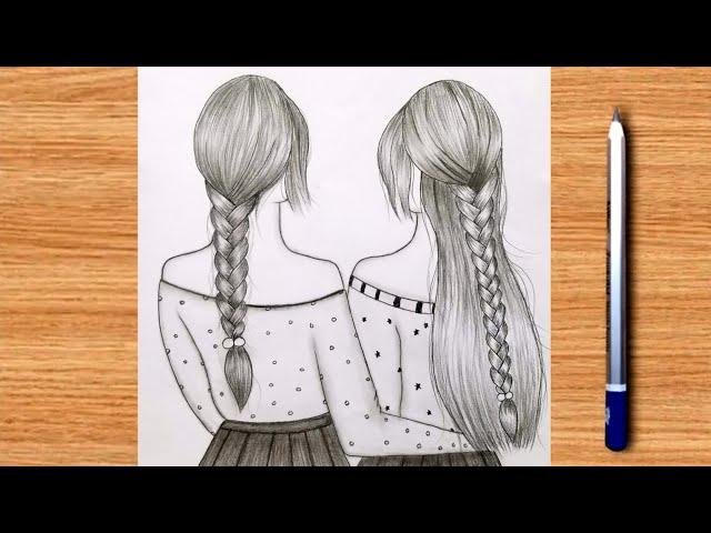 Best friendsPencil Sketch Tutorial|How to draw two friends Hugging each other|Easy Bff drawing