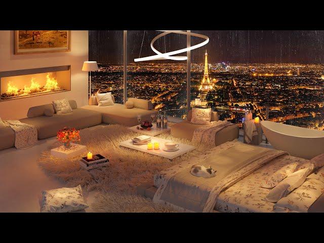 Cozy Fireplace & Rainy Paris Night ️ Luxury Apartment Ambience with Soft Jazz for Sleep & Focus 