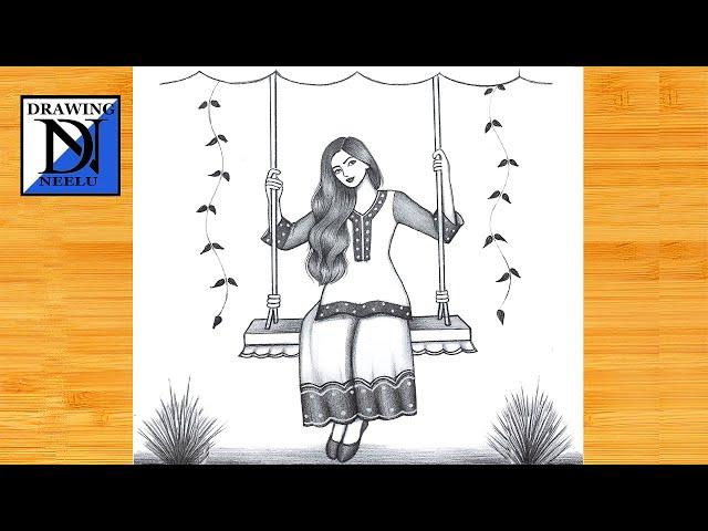 How to draw a Beautiful Girl swinging -Pencil sketch || Drawing video for beginner || Girl drawing