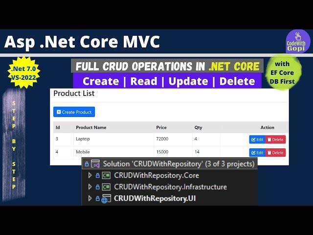 Full CRUD Operations in Asp Net Core MVC using Entity Framework Core with Repository Pattern