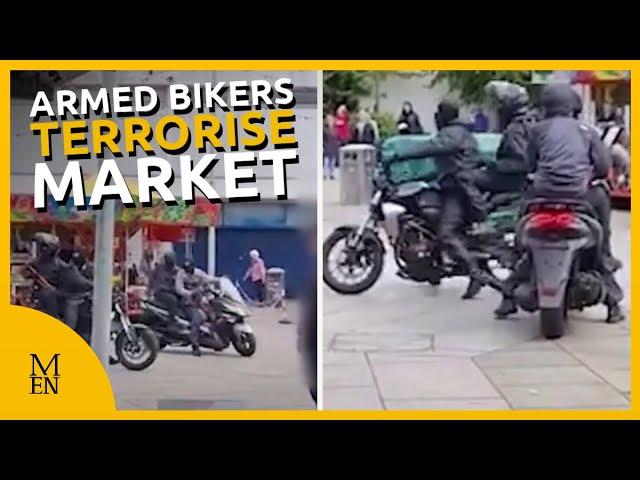 Balaclava-clad armed bikers terrorise shoppers at busy Hyde Market