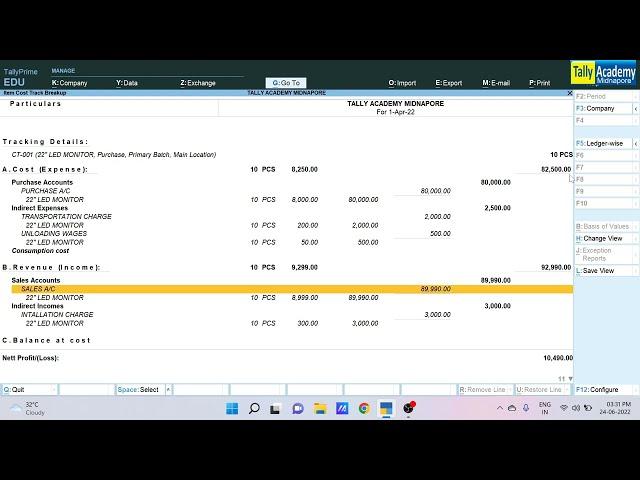 COST TRACKING in Tally Prime