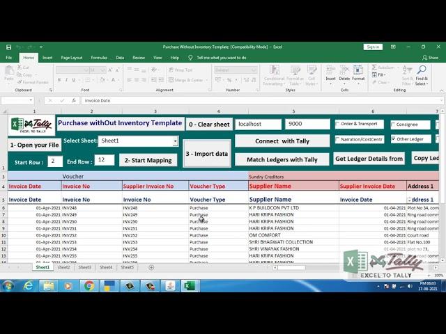 Excel to tally import Purchase without Inventory data from Tally