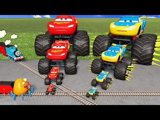 5 MONSTER TRUCKS with Big & Small Lightning McQueen vs Spinner Wheels vs Train Thomas - BeamNG.Drive