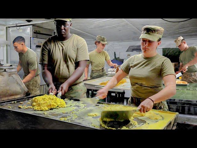 Busy US Army Cooks Handle Rush Time In Massive Military Kitchen