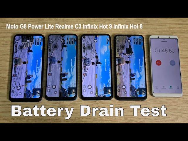 Motorola G8 Power Lite vs Realme C3| Narzo 10A vs Infinix Hot 9 vs Infinix Hot 8  Battery Drain Test