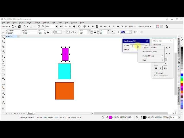 CorelDRAW macros: Size Shower and Mover demo