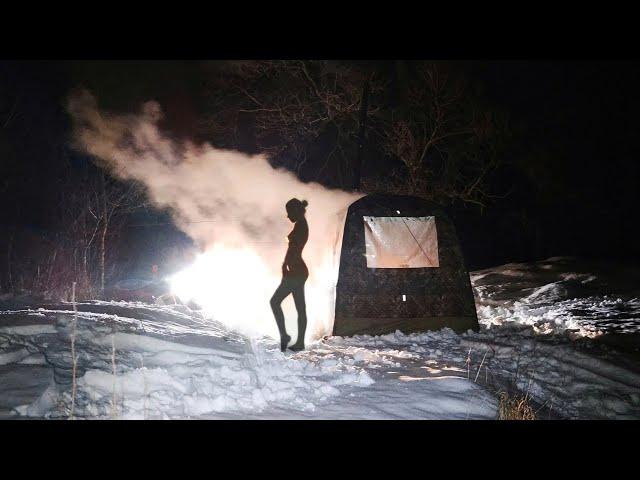 Мобильная баня в зимнем лесу / палатка МОРЖ и печь мобиба паробомба