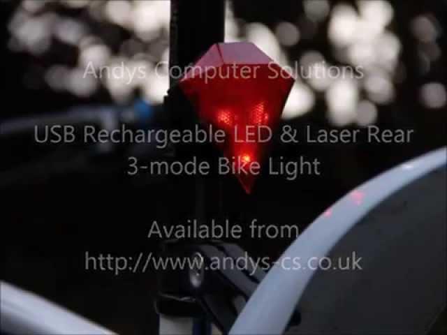 Andys Computer Solutions - USB Rechargeable LED & Laser Rear  3-mode Bike Ligh