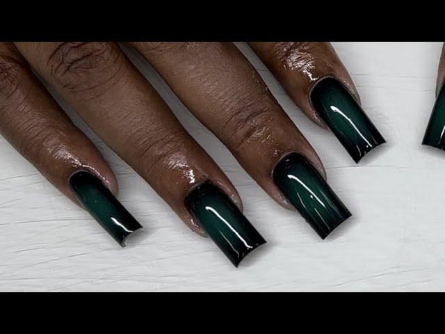 Square Black and Green Airbrushed Aura Acrylic Nail