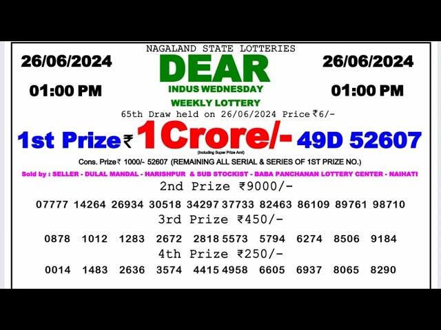  Morning 1 P.M. Dear Nagaland Live Lottery Sambad Result Today ll Date-26/06/2024 ll