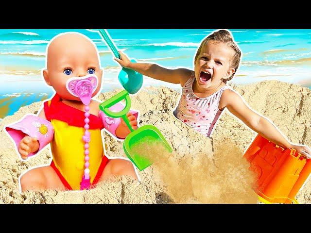 Baby doll Lina stuck in sand! Maya saves Lina | Outdoor games with sand, toys & dolls.