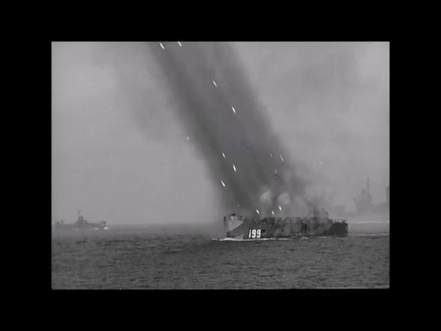 US Navy ships LSM(R) 199 and 194 launch rockets at Okinawa