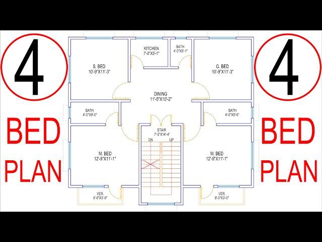 HOUSE PLAN DESIGN | EP 340 | 1050 SQUARE FEET 4 BEDROOMS HOUSE PLAN | LAYOUT PLAN