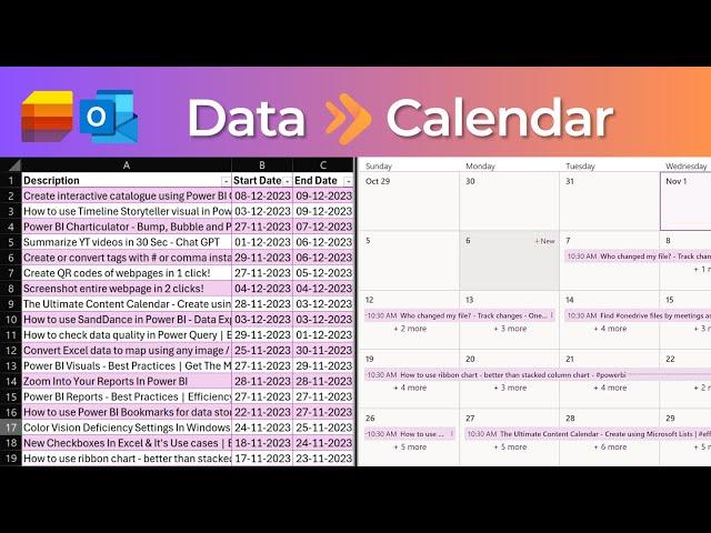 Create calendar from Excel or CSV using Outlook or Lists