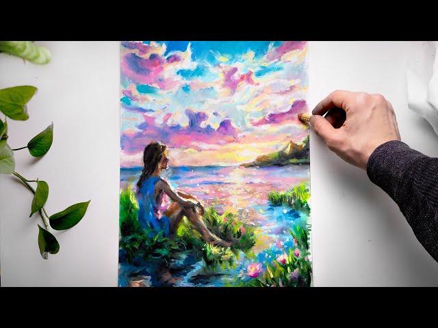 ASMR Drawing a Peaceful Lake with Pastels - No Talking