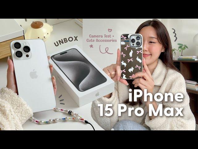 (cc)Unboxing iPhone 15 Pro Max  White Titanium + Cute accessories, Video and Photo Camera Test