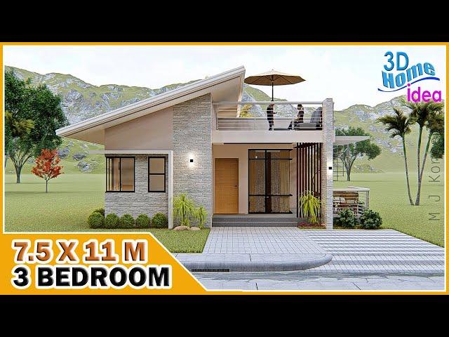 Simple 3 Bedroom House Idea | 7.5 x 11 meters House with Roof Deck