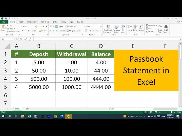 MS Excel Deposit and Withdrawal statement kaise banaye