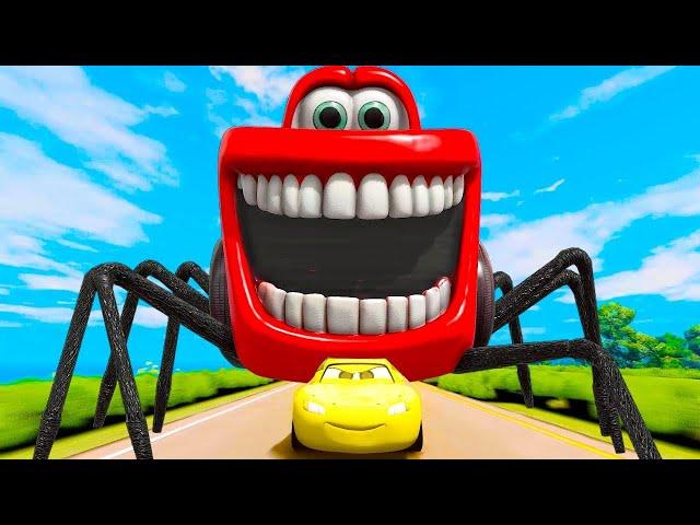 Escape From Lightning McQueen Monster Spider Eater ｜ Monsters Cars Ride Chase ｜ BeamNG.Drive