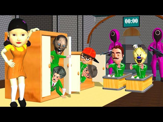 Scary Teacher 3D vs Squid Game: Who Hides Best Between the Cupboard and the Table?