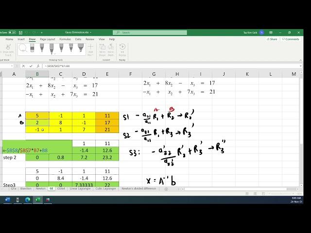 Gauss elimination method for system of linear equation tutorial using Excel