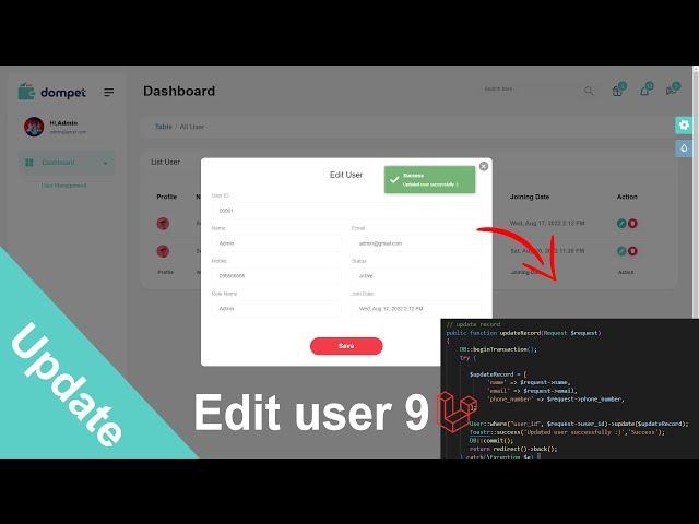 Update data user to databases Laravel 9 | Sample Template